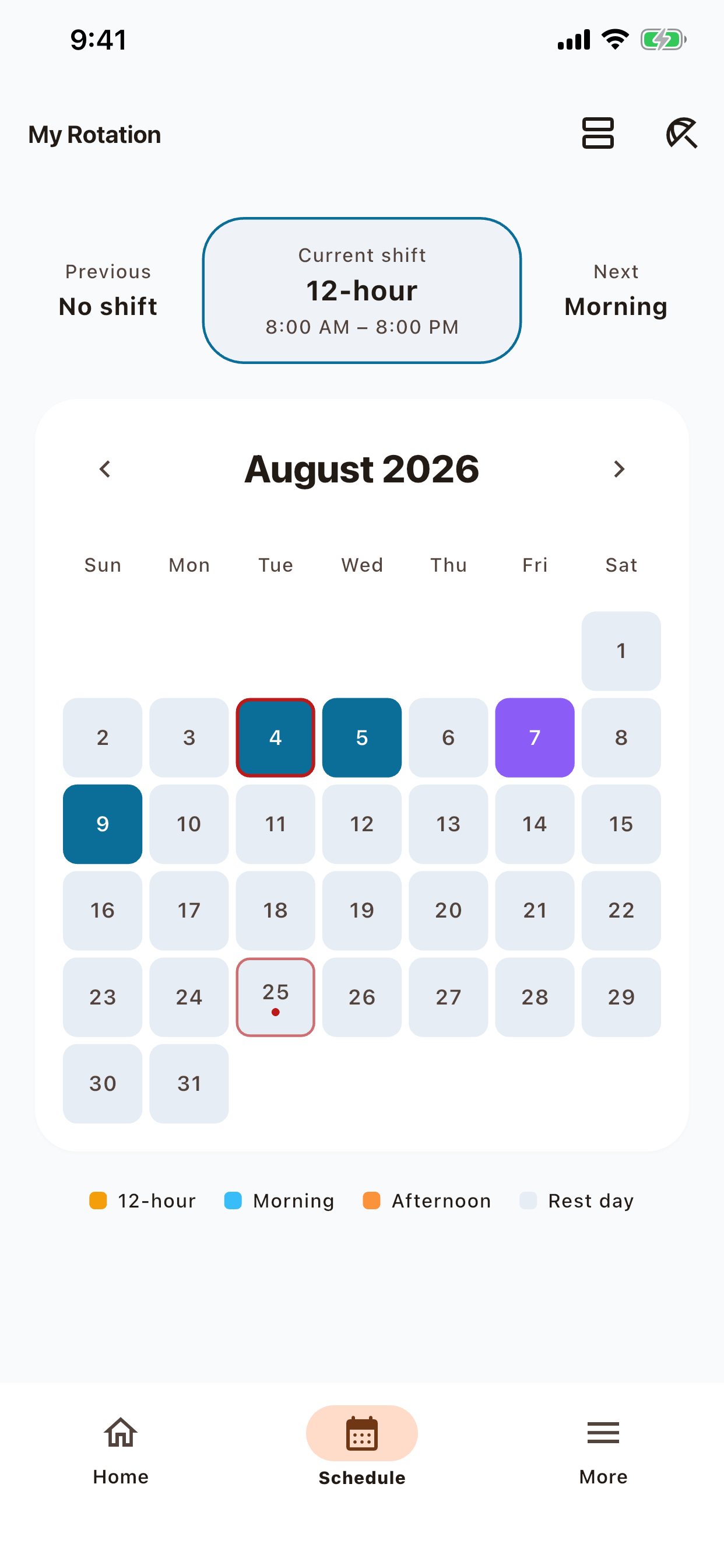 ZAM schedule showing the current shift and monthly rotation