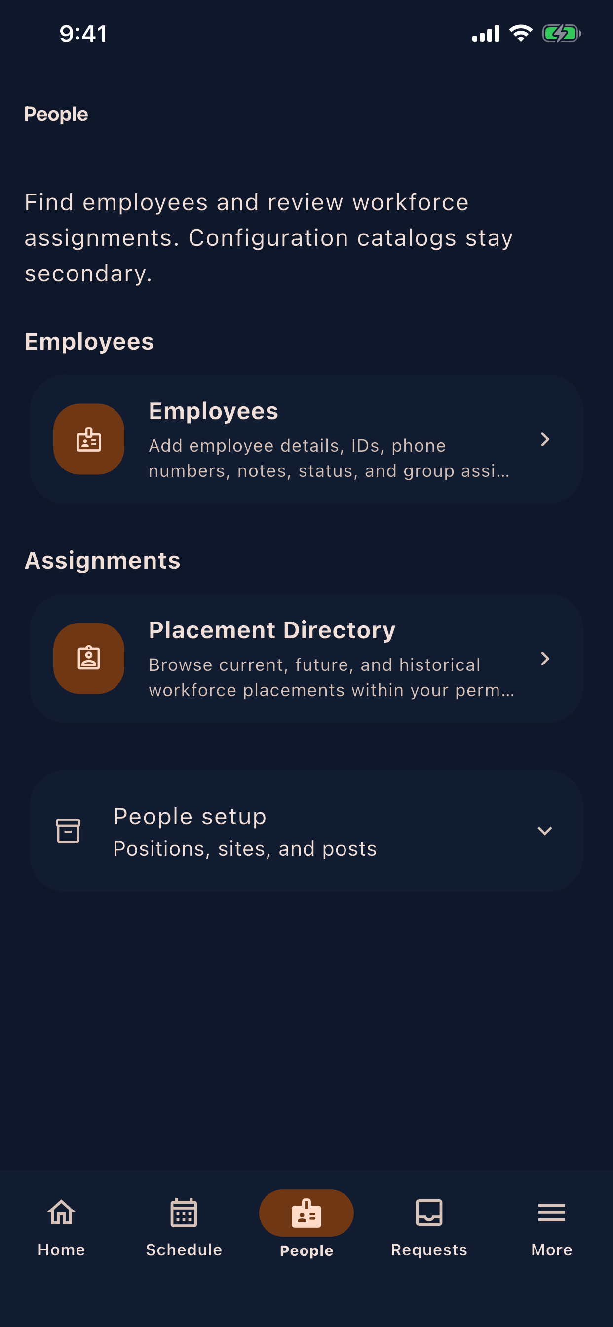 English dark-mode people workspace in ZAM